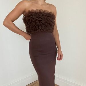 Better Be Brown Strapless Midi Dress